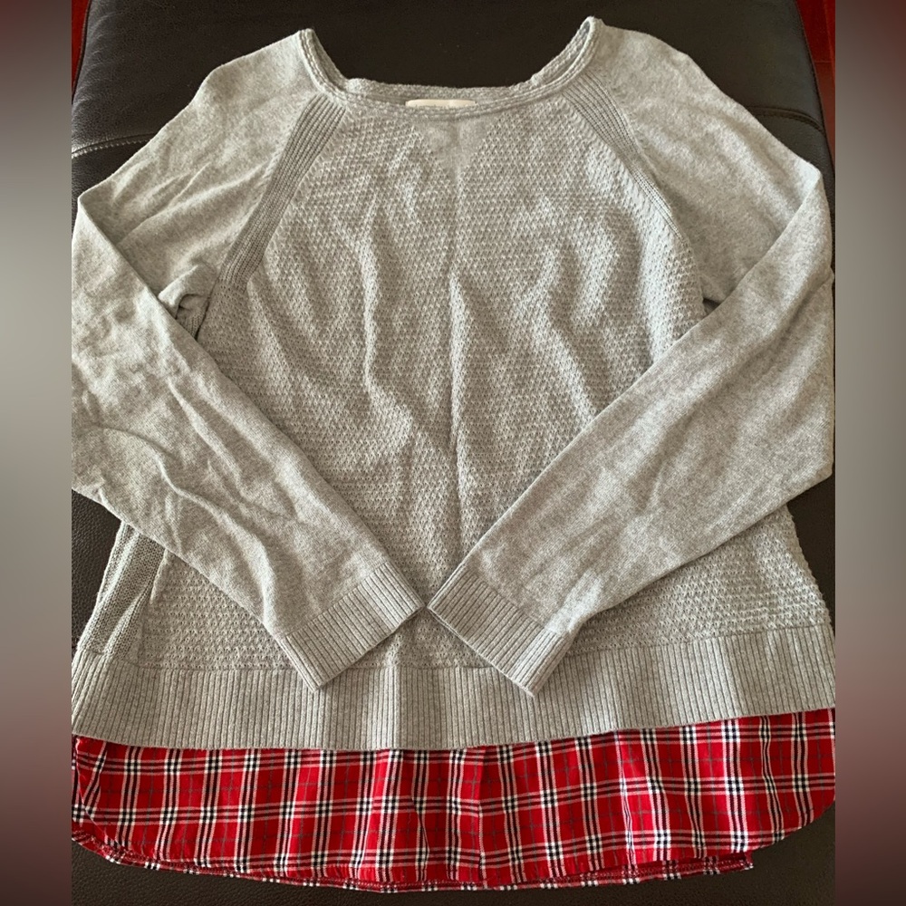 Christopher & Banks Gray Sweater Red Plaid Layered Look SOFT 100% Cotton